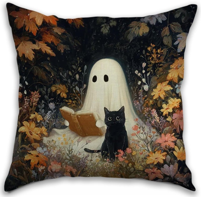 RBAFAO Vintage Floral Throw Pillow Covers, Vintage Flower Pattern Double Sided Cushion Cover, Indoor and Outdoor Home Art Decor Pillowcase for Sofa or Bedroom Decor 18x18inches (Ghost&Cat, 18x18inches) - Image 1